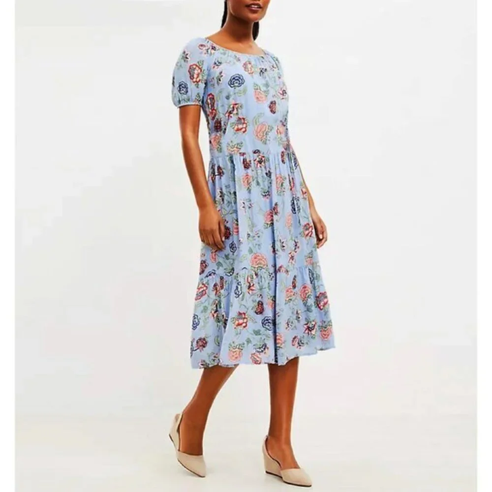 Last Call! New Loft Floral Rayon Tiered Puff Sleeve Midi Dress Blue Small - Picture 1 of 7